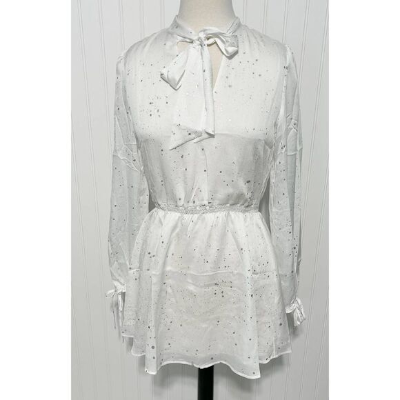 Avec Les Filles Long Sleeve Metallic Splatter Tie Crinkle Mini Dress White Small - Picture 2 of 15